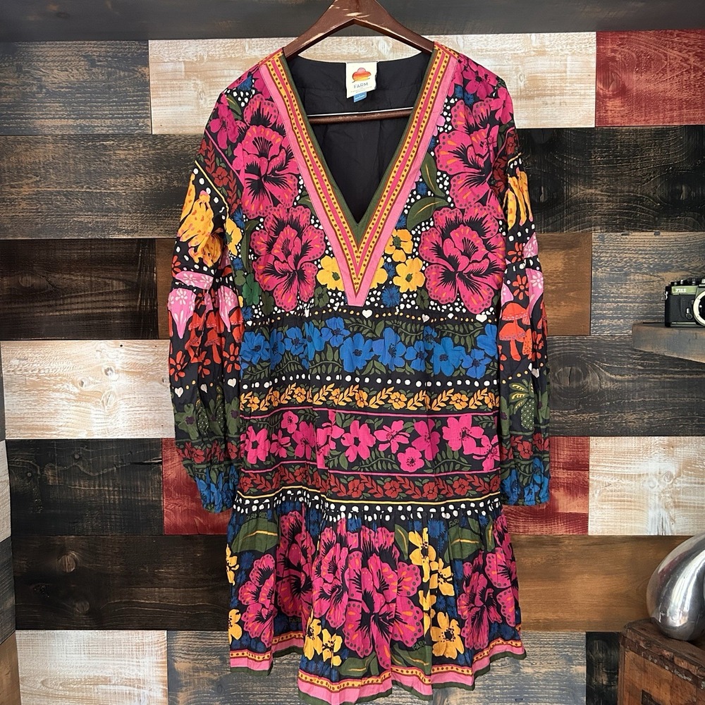 NWT Farm Rio x Anthropologie Midi Dress Womens L Long Sleeve Tropical Floral - Picture 2 of 6